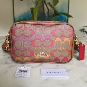 NWT Coach Jes Crossbody 20 In Rainbow Signature Canvas Red Orange Pink Tan C1308